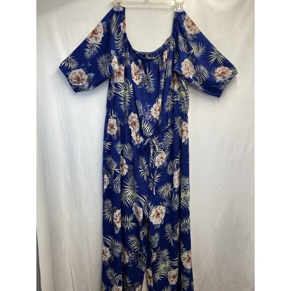 Haute Monde Semi Sheer Off Shoulder Wide Leg Jumpsuit Women 3X Navy Floral Used - Picture 1 of 16